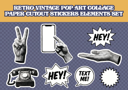 Retro vintage pop art collage paper cutout stickers elements set for communication and expression  illustrations