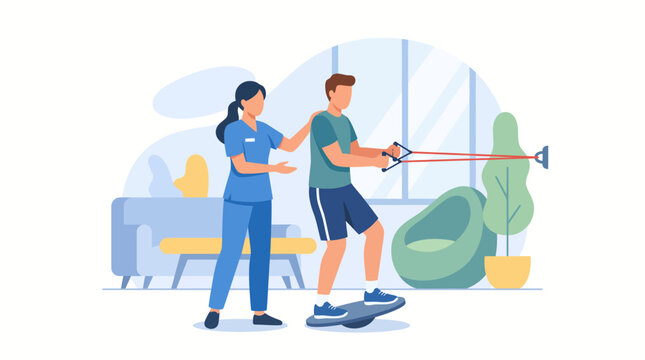 Physiotherapist assisting male patient on balance board in clinic vector illustration