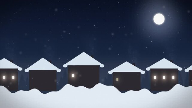 Snowy village under moonlit sky. 2d animation