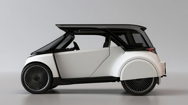 Electric micro car stands isolated against neutral grey background.