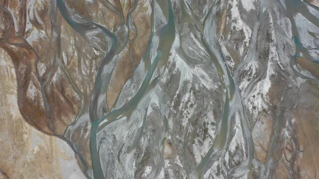 Aerial view of braided river patterns and natural textures in Taxkorgan, Xinjiang, China