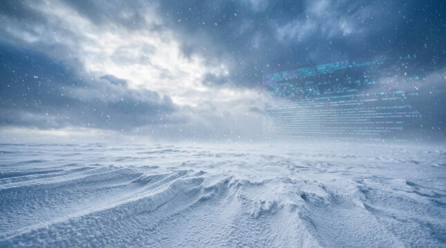 Snow-covered landscape with a digital coding overlay under a stormy sky.