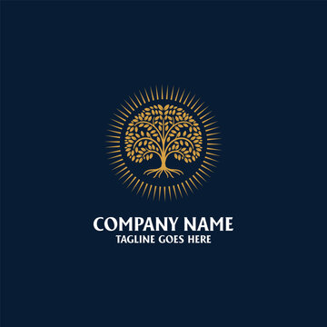 Golden Tree Of Life Sunburst Circular Emblem Crest For Luxury Wellness Spa Financial Business Editorial Cover
