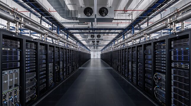 Modern data center interior with rows of server racks and overhead cabling infrastructure server room network infrastructure cloud computing information technology hardware servers digital stora