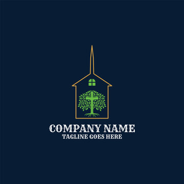 Church Chapel Steeple Christian Cross Tree Spiritual Logotype For Religious Community Ministry Worship Event Pamphlet