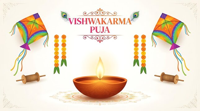 Vishwakarma puja festival celebration background with kites and diya