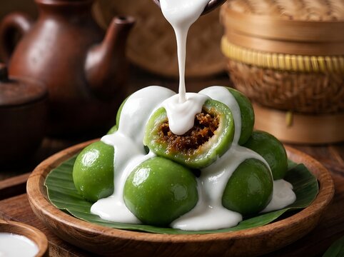 Coconut cream pouring over Bugis Mandi rice cake, showing glossy sweet coconut palm sugar filling, representing authentic Indonesian traditional dessert heritage