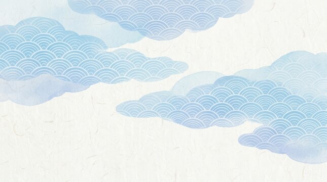 Japanese style cloud pattern background with blue watercolor texture and traditional wave motifs on textured paper