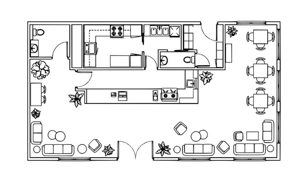 Architectural Caf&eacute; Floor Plan with Counter Kitchen Lounge Seating Storage and Efficient Interior Layout