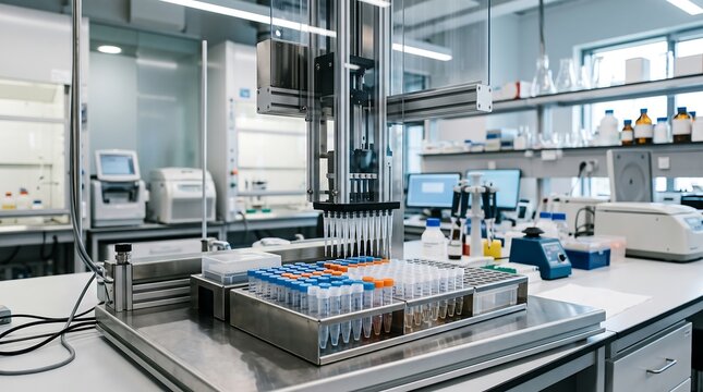 Automated liquid handling robot and test tube racks in a modern biotechnology research laboratory with liquid handler test tubes research lab medical laboratory scientific equipment laboratory