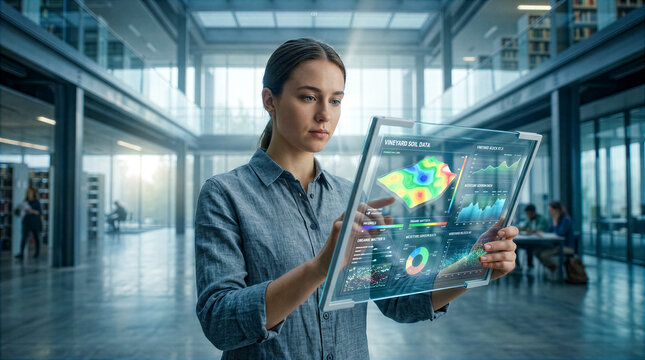 Woman analyzing vineyard soil data on transparent display in modern office. Agriculture technology, precision farming, data analytics, wine industry.