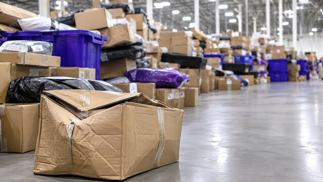 Damaged crushed cardboard box in foreground with pile of returned parcels in warehouse after Black Friday and Cyber Monday sale. Product return and reverse logistics concept for ecommerce