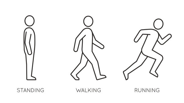 Minimalist line art icons showing a human movement sequence from standing to walking and running for graphic design and user interface design projects