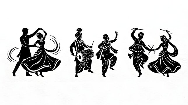 Silhouettes of people performing traditional indian folk dances like garba and dandiya, isolated on white background