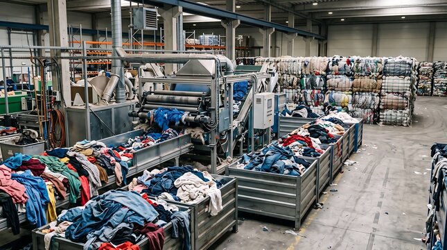 Industrial textile recycling sorting facility with conveyor belts and large bins filled with clothing waste conveyor belt recycling plant fabric waste management garment recycling clothing