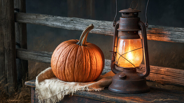 Rustic orange pumpkin sitting beside vintage lit metal lantern on a wooden bench on white background