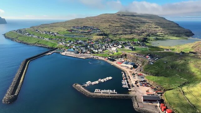Aerial View of Ei&eth;i Village and Harbor in Faroe Islands
