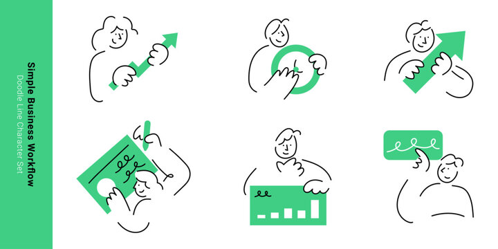 Simple Business Workflow. Line doodle people holding growth arrows, signing documents and reviewing bar charts for workflow concepts.