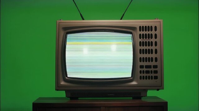An old television set displays a colorful static pattern on a green screen background.