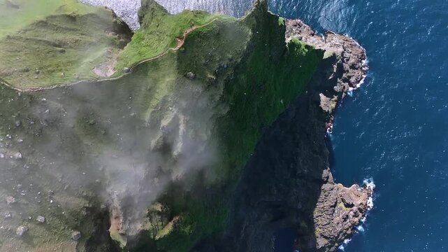 Top Down Aerial View of Kallur Promontory Cliff in Faroe Islands