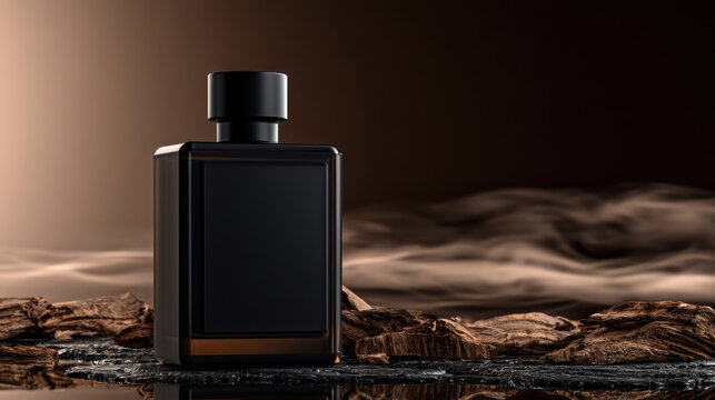 Black rectangular perfume bottle wood luxury elegant fragrance dark masculine modern minimal stylish mysterious scent