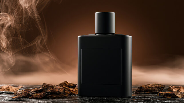 Black rectangular perfume bottle with matte finish surrounded by wood chips and smoke, creating mysterious and elegant atmosphere