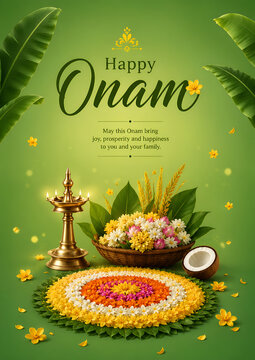 Happy onam greeting with traditional pookalam and oil lamp