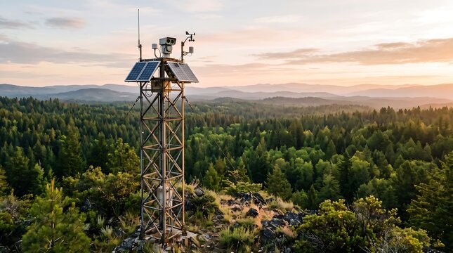 Weather observation and telecommunication tower standing on a rocky hilltop overlooking a vast forest landscape at sunset with sunset viewpoint meteorological station wireless antenna communication
