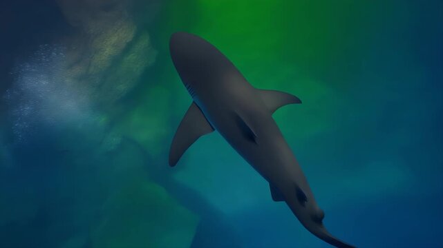 A sleek, grey shark glides gracefully through deep blue ocean water with a gradient of green and blue in the background.
