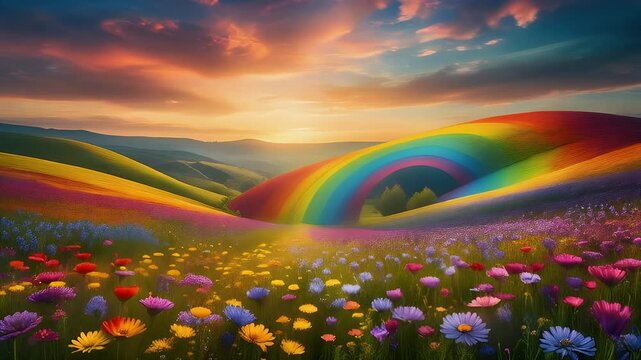 A vibrant rainbow arches over rolling hills adorned with colorful wildflowers at sunset.