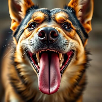 Aggressive canine expression with tongue lolling out, wide open mouth., jaws open