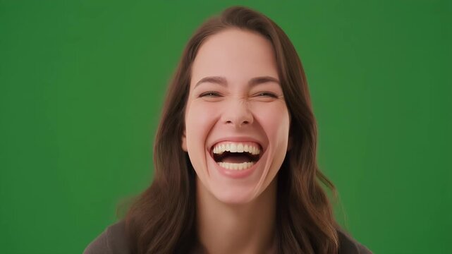 A young woman bursts into hearty laughter against a green background.