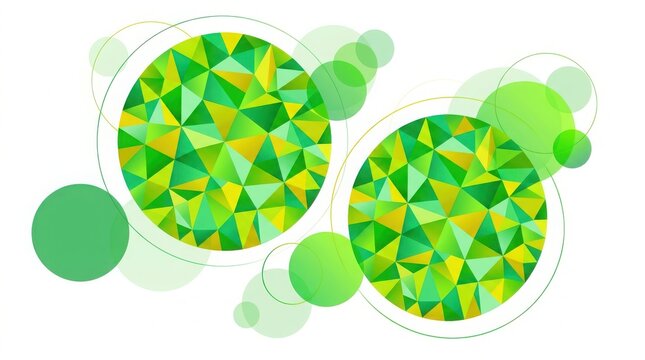 Abstract geometric background with two large circles filled with green and yellow low poly triangles isolated on white background
