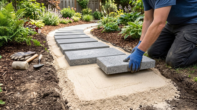 Concrete pavers laid on sand base forming path in garden and vegetable garden. Man works with concrete pavers laid on sand base to install walkway.