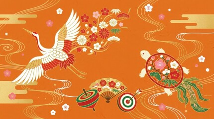 Naklejka premium Japanese traditional new year illustration with crane, turtle, fan, and spinning top on orange background