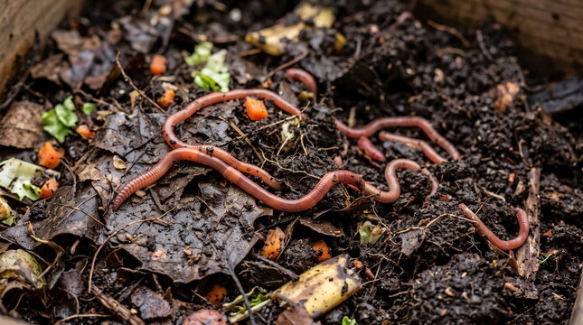 Active compost worm soil filled with earthworms and organic food waste. Nutrient compost worm soil contains decomposed leaves with vegetable scraps. Rich compost worm soil for organic gardening.