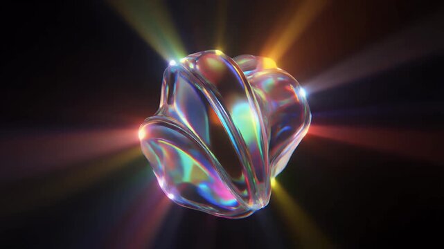 An abstract, iridescent, amorphous object glows with rainbow light.