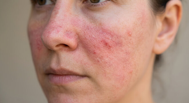Rosacea skin condition with redness and visible capillaries on woman cheek and nose