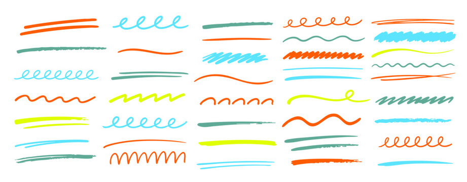 Colorful highlighter underlines and brush strokes vector set isolated on white background. Marker scribble lines, waves, and zigzag text dividers pack.