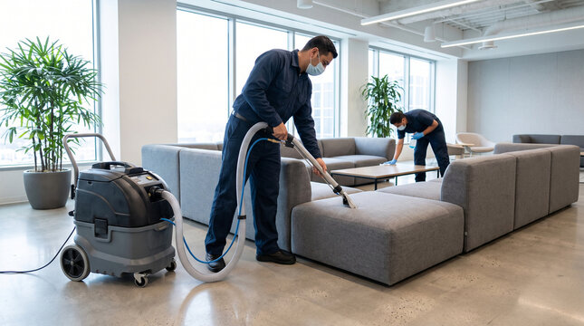 Two professional cleaners in uniforms and masks clean a modern office using an extraction vacuum.