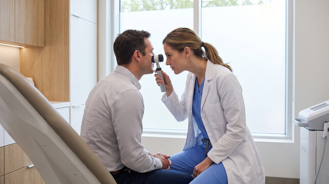 A female doctor examines a male patient's eye with an ophthalmoscope in a clinic.