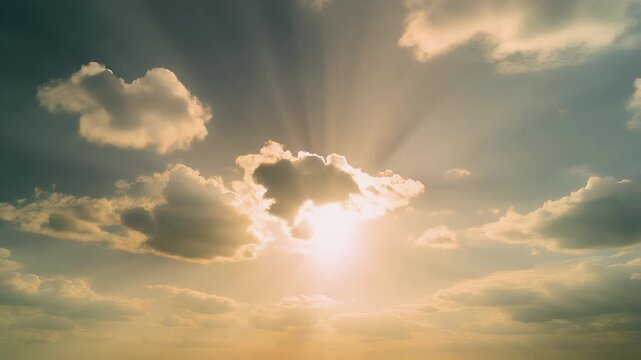 Sunbeams breaking through dramatic clouds at sunset.