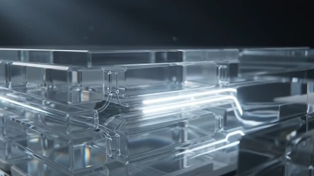 Futuristic glass architecture with glowing blue digital data paths representing high-speed computing and artificial intelligence network