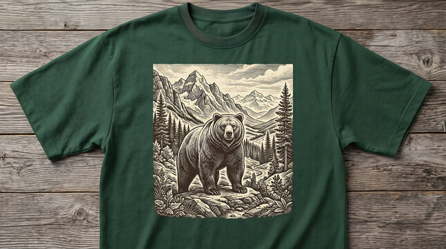 A premium oversized forest green t-shirt featuring a vintage bear and mountain illustration