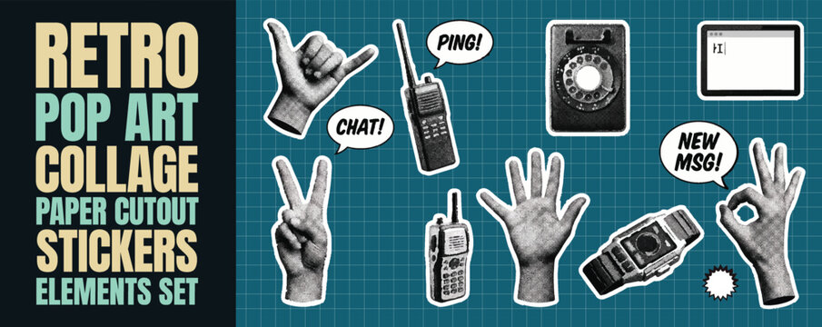 Retro pop art collage paper cutout stickers element set featuring vintage communication devices and hand gestures in halftone style with grainy texture on teal grid background for trendy design work