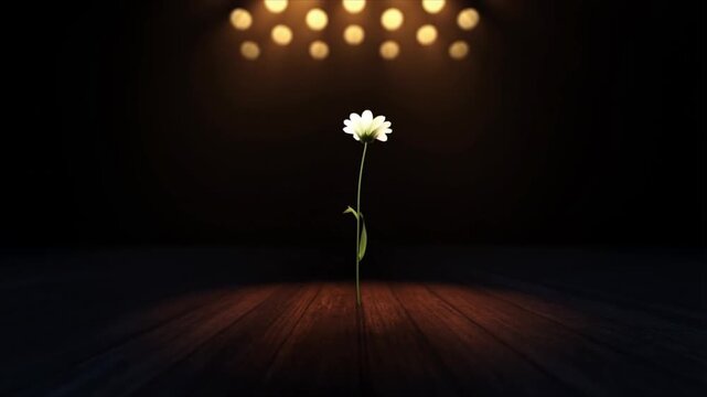 A delicate flower reaches upward toward warm, circular stage lights, creating an elegant botanical scene with soft illumination, dramatic shadows, and a graceful atmosphere suitable for artistic conce