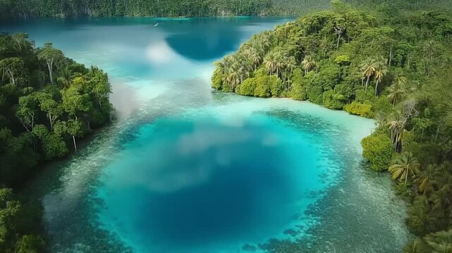 Aerial view of a vibrant tropical lagoon surrounded by lush green jungle.
