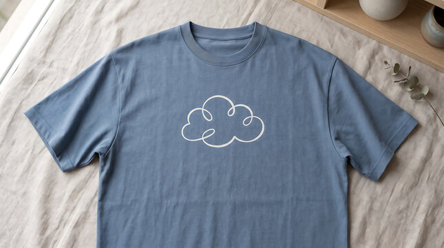 Premium Oversized Light Blue T-shirt with Minimal White Cloud Line Art Illustration