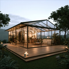 Fototapeta premium Modern glass greenhouse with wooden deck, cozy seating, lush plants, evening ambiance, surrounded by nature, soft candlelight, tranquil retreat