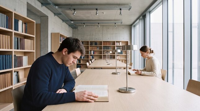 Young man deeply focused reading a book in a modern library
